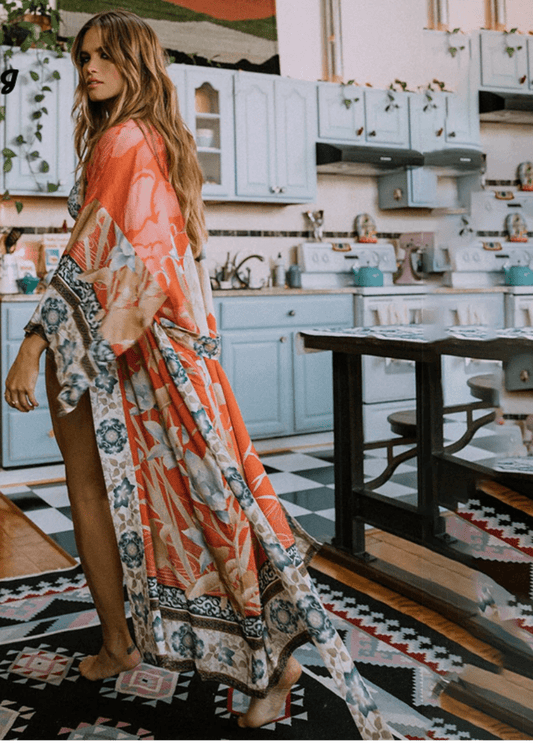 Kimono Orange Print Floral Loose Long Cardigan - Necessary Clothing