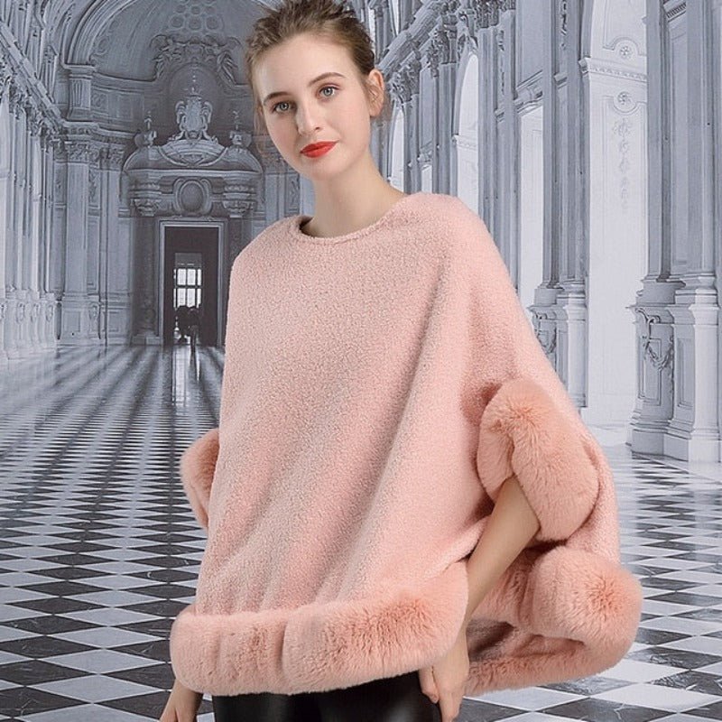 Lamb Fur Cape Faux Rabbit Fur Shawl Cape Loose Warm Cardigan Poncho - Necessary Clothing