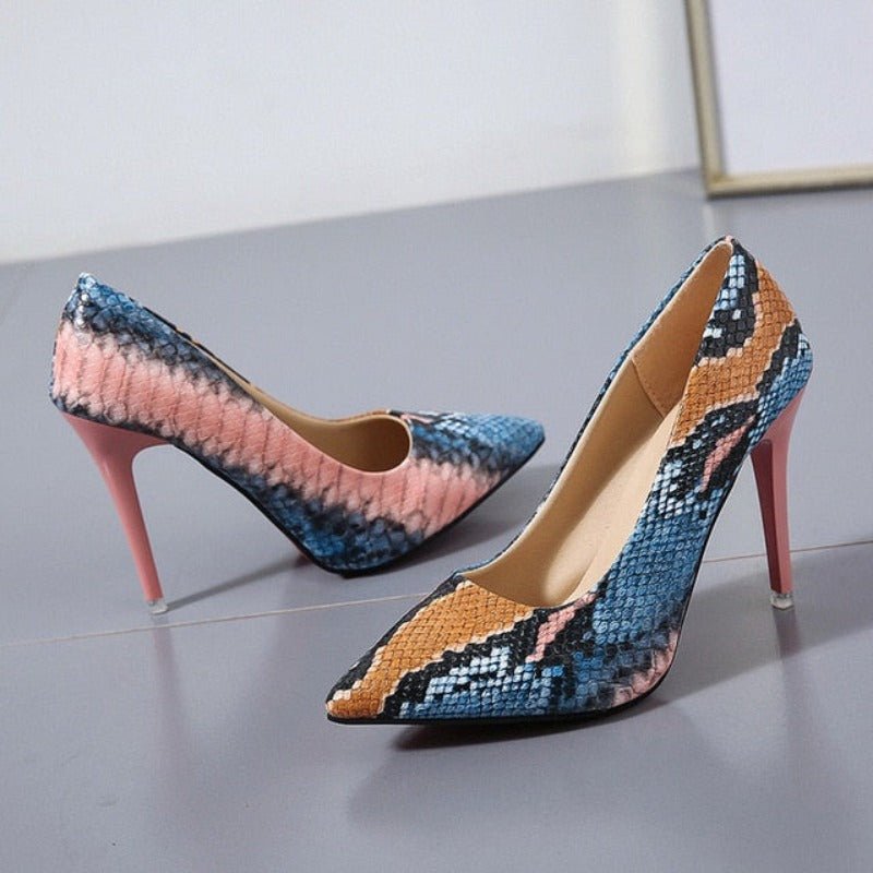 Leather Pointed Toe Snake High Heel Pumps - Necessary Clothing