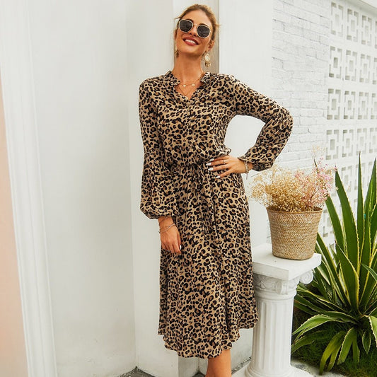 Leopard Print Long - Sleeved Mid - Length Dress - Necessary Clothing