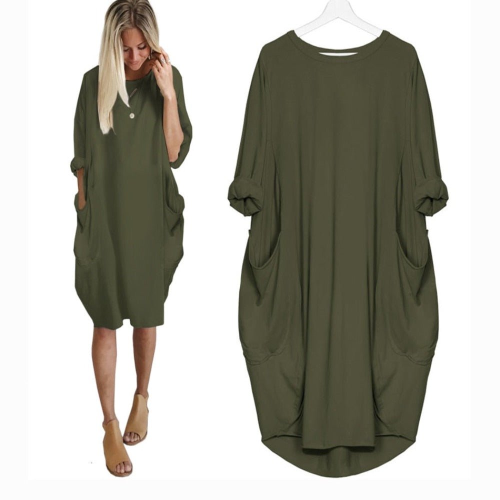 Long Loose O Neck Dress with Pocket - Necessary Clothing