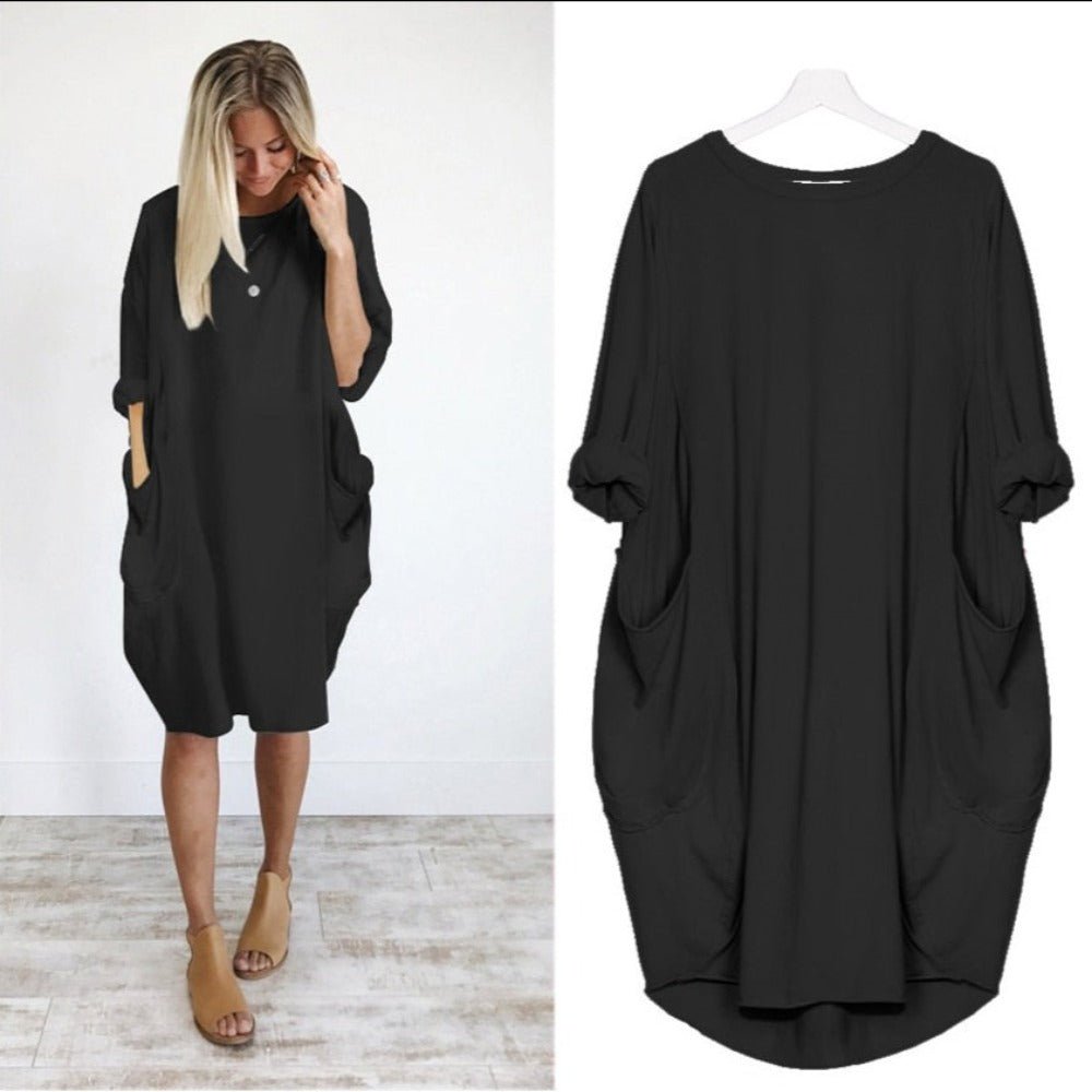 Long Loose O Neck Dress with Pocket - Necessary Clothing