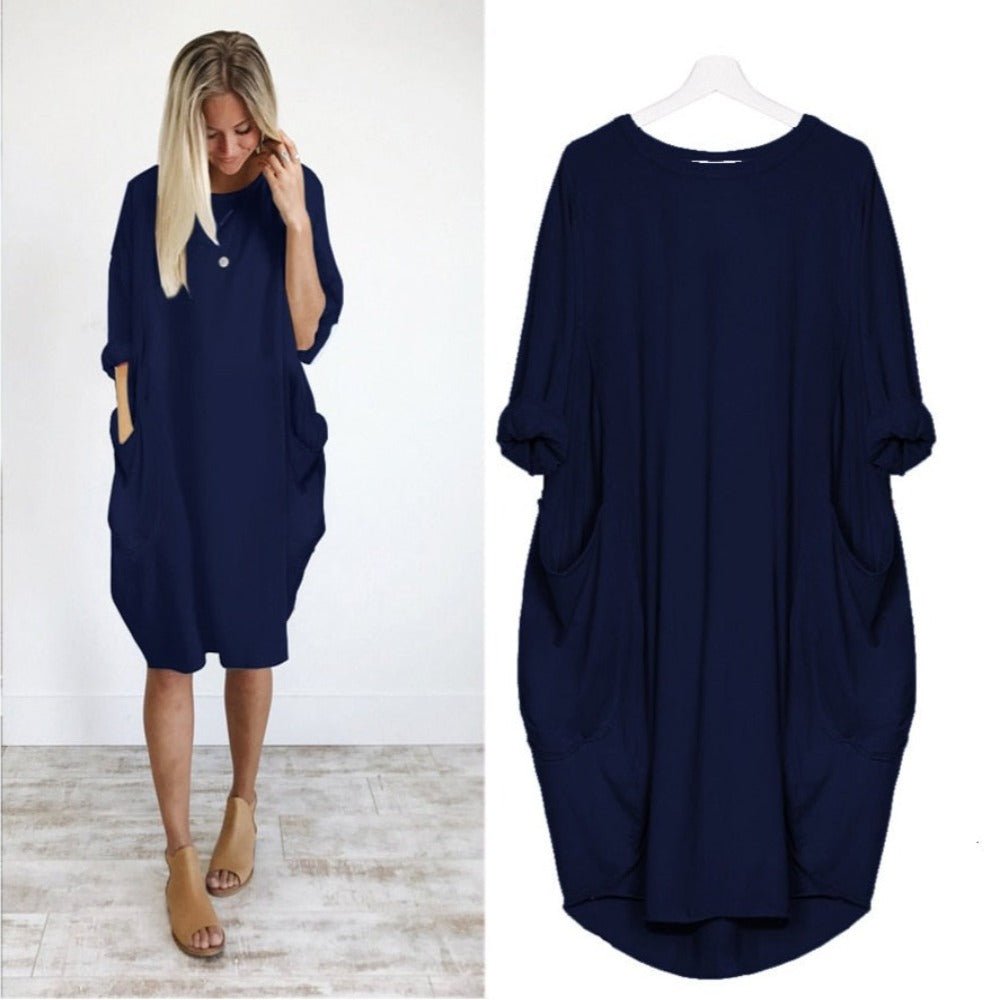 Long Loose O Neck Dress with Pocket - Necessary Clothing