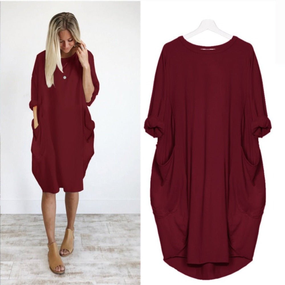 Long Loose O Neck Dress with Pocket - Necessary Clothing
