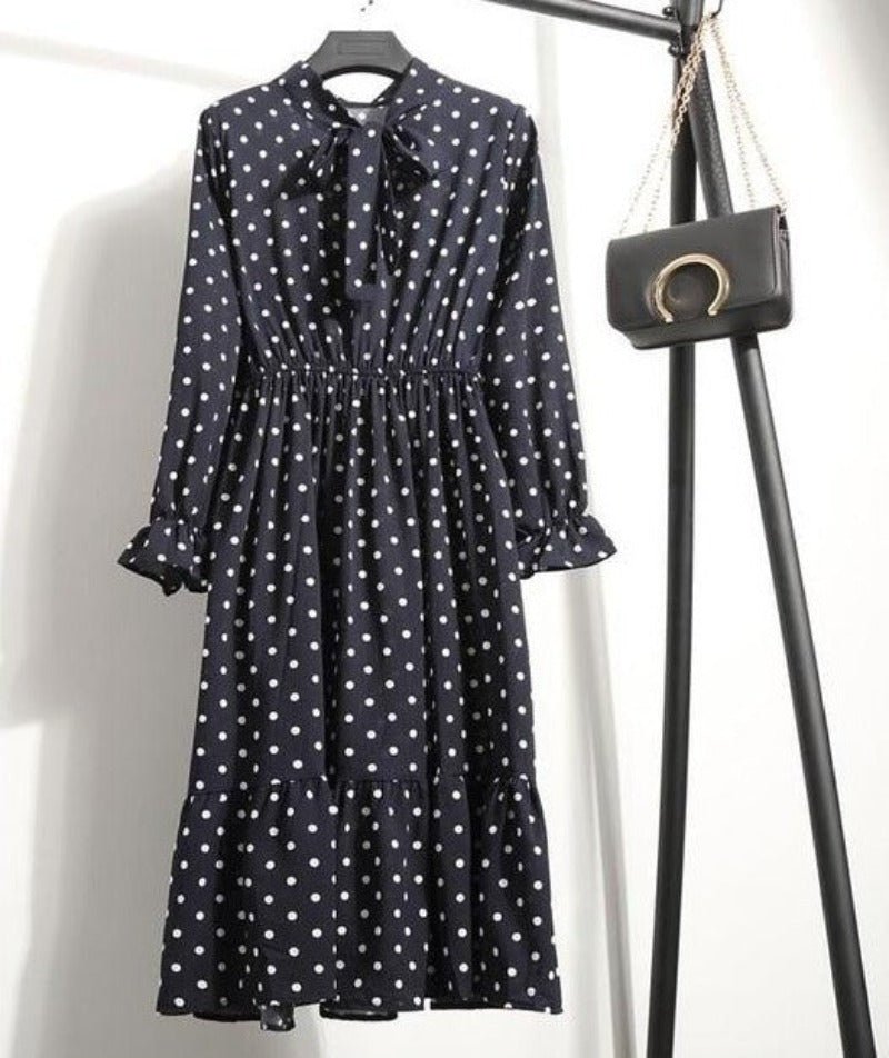 Long Sleeve Chiffon A - line Midi Bow Floral Shirt Dress - Necessary Clothing