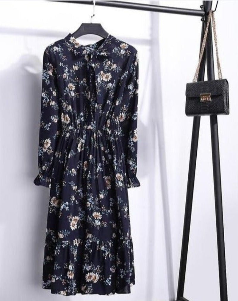Long Sleeve Chiffon A - line Midi Bow Floral Shirt Dress - Necessary Clothing
