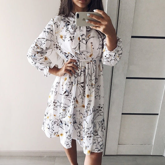 Long Sleeve Chiffon A - line Midi Bow Floral Shirt Dress - Necessary Clothing