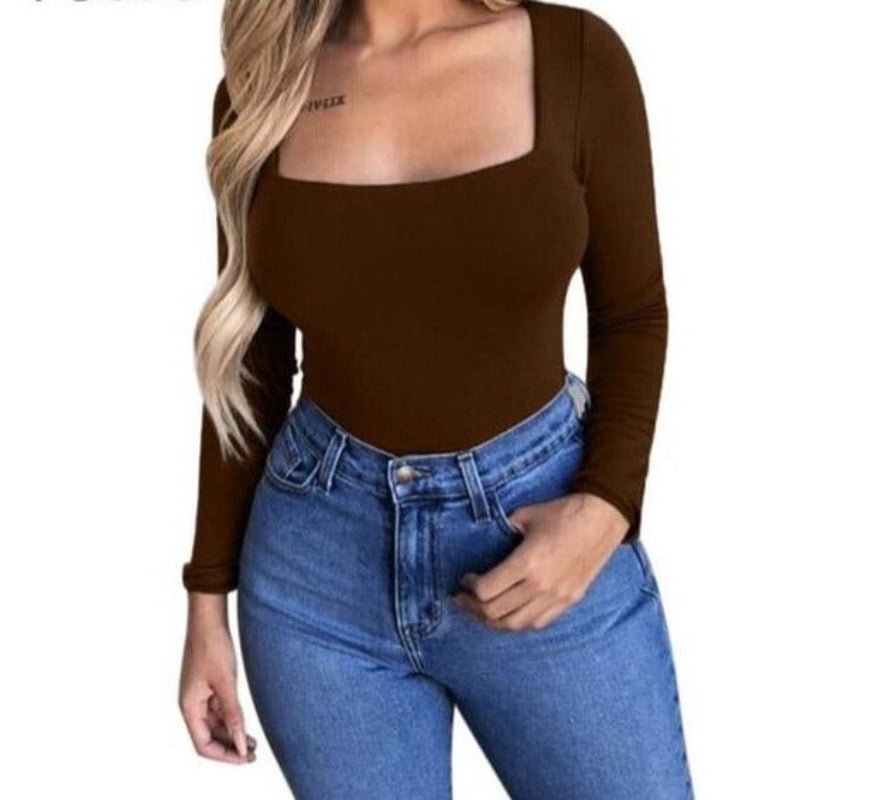 Long Sleeve Knitted Skinny Square Collar Top - Necessary Clothing