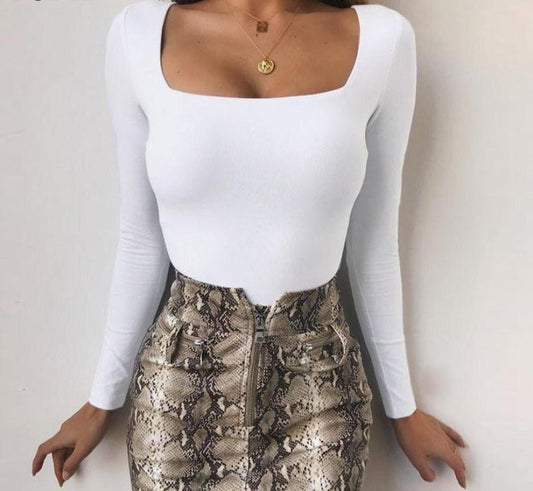 Long Sleeve Knitted Skinny Square Collar Top - Necessary Clothing