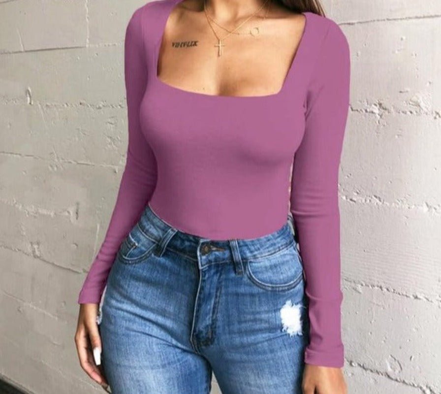 Long Sleeve Knitted Skinny Square Collar Top - Necessary Clothing