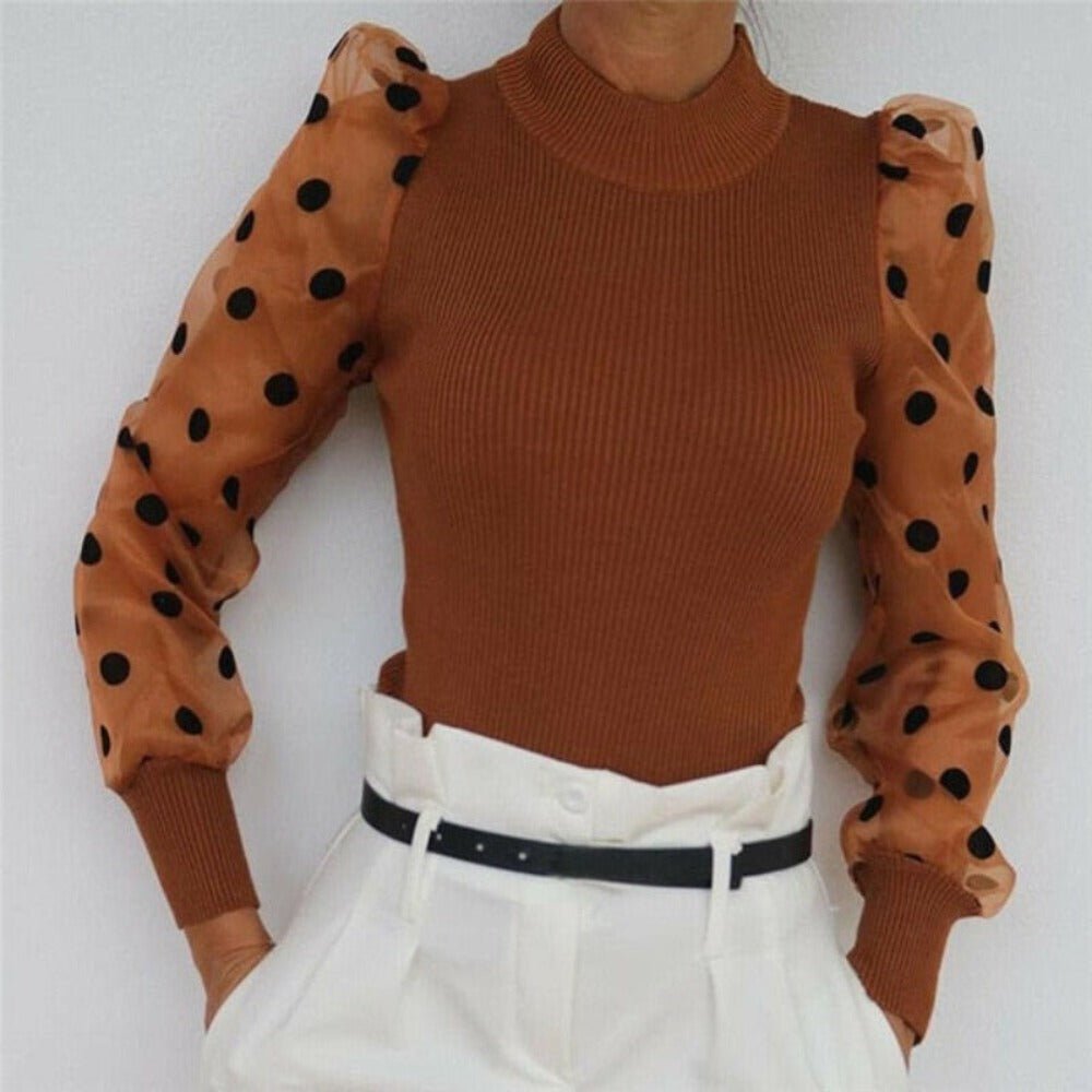Long Sleeve Ribbed Knitted Loose Polka Dots Elegant Blouse - Necessary Clothing