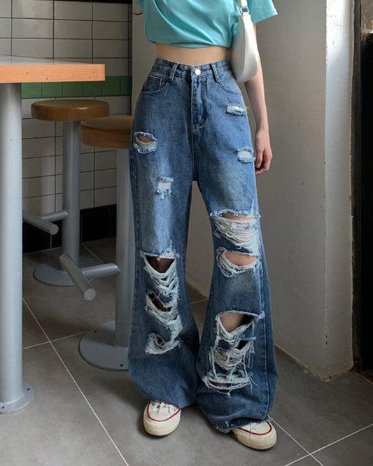 High Waist Loose Ripped Wide-Leg Jeans - Necessary Clothing
