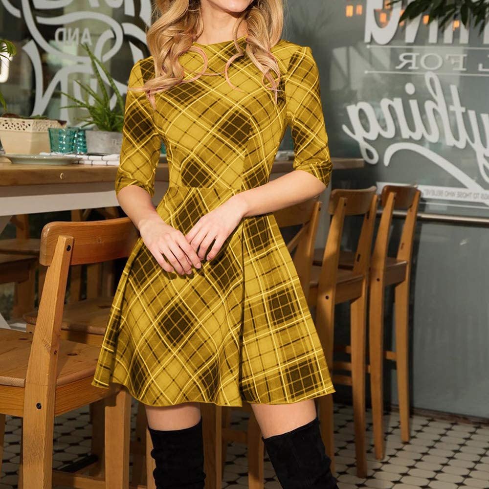 Plaid 3/4 Sleeve Slim Mini Dress - Necessary Clothing