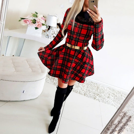 Plaid Lace High Waist Charming Slim Long Sleeve Vestido Mini Dress - Necessary Clothing