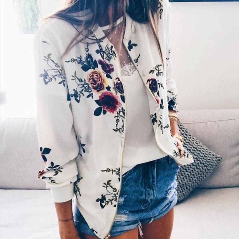 Pockets Zipper Long Sleeve Flower Chiffon Jacket - Necessary Clothing