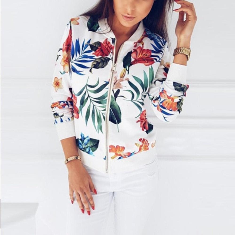 Pockets Zipper Long Sleeve Flower Chiffon Jacket - Necessary Clothing