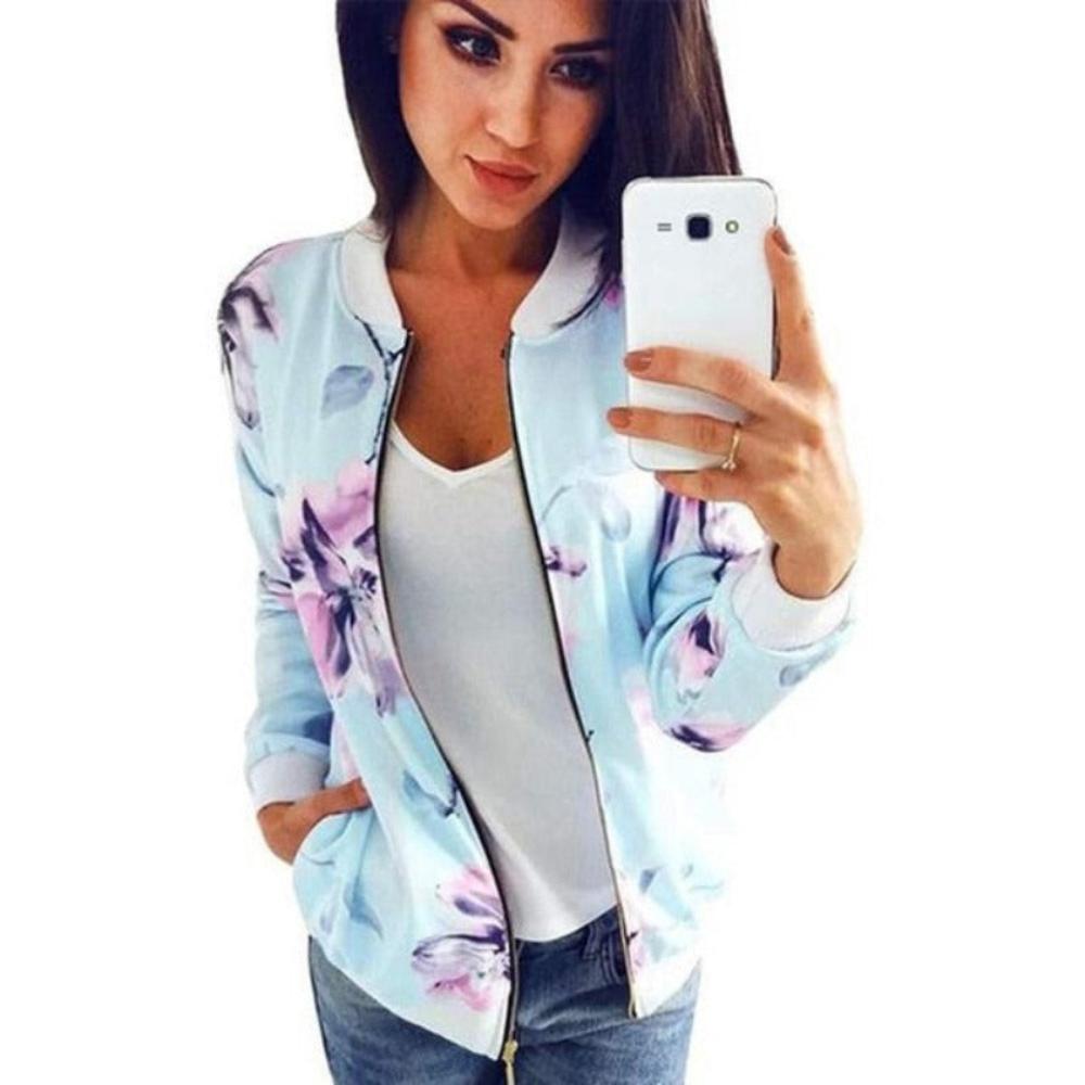 Pockets Zipper Long Sleeve Flower Chiffon Jacket - Necessary Clothing