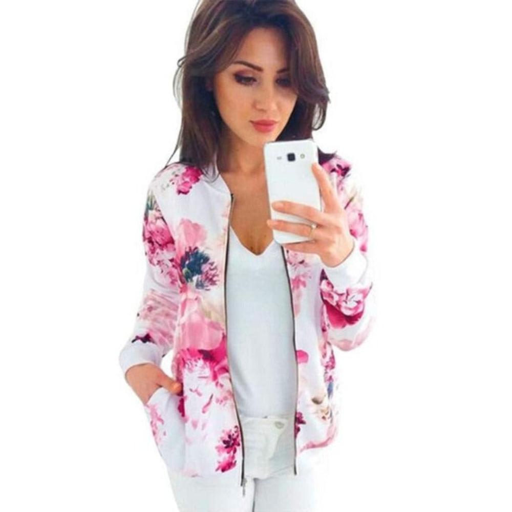 Pockets Zipper Long Sleeve Flower Chiffon Jacket - Necessary Clothing