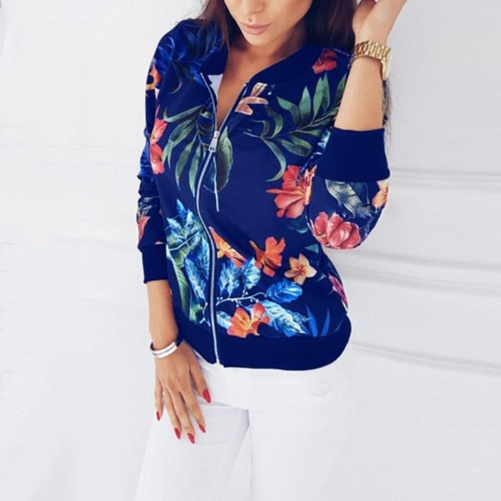 Pockets Zipper Long Sleeve Flower Chiffon Jacket - Necessary Clothing