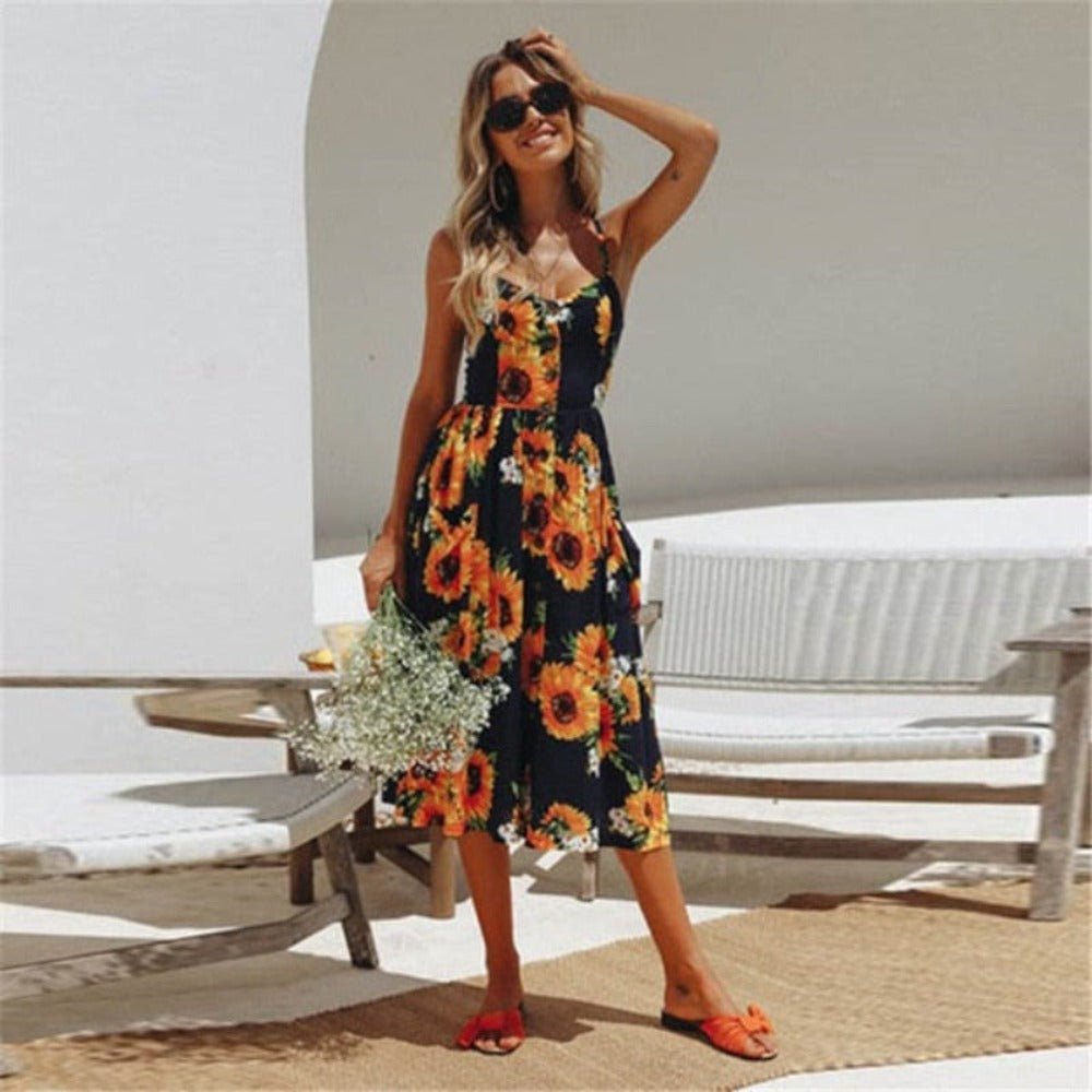 Print Floral Stripe Long Dress Sexy V - Neck - Necessary Clothing