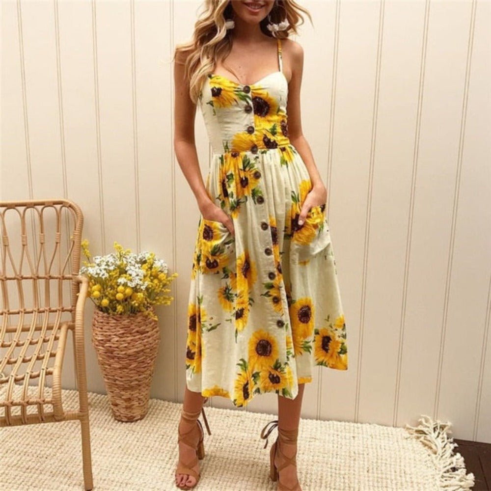 Print Floral Stripe Long Dress Sexy V - Neck - Necessary Clothing
