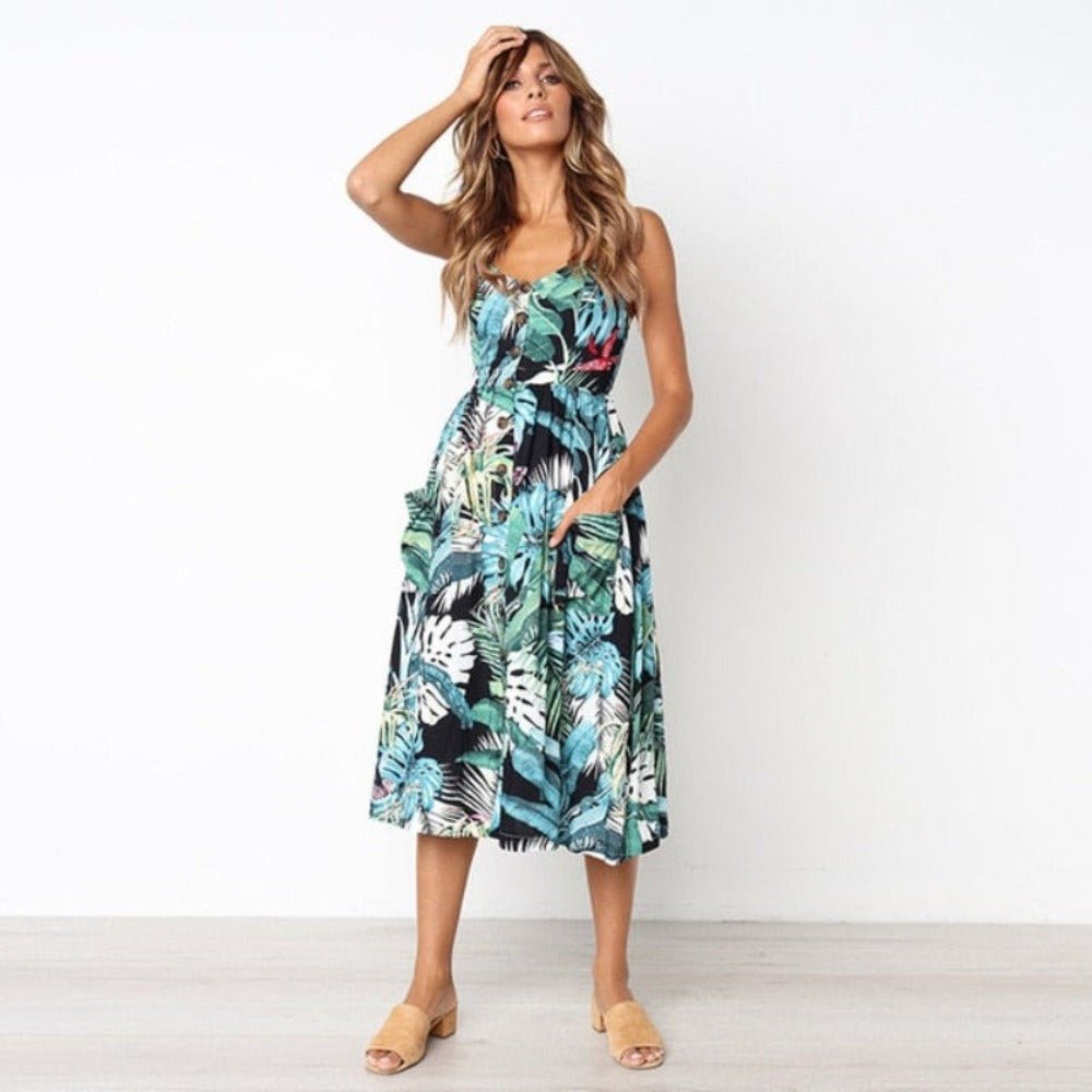 Print Floral Stripe Long Dress Sexy V - Neck - Necessary Clothing