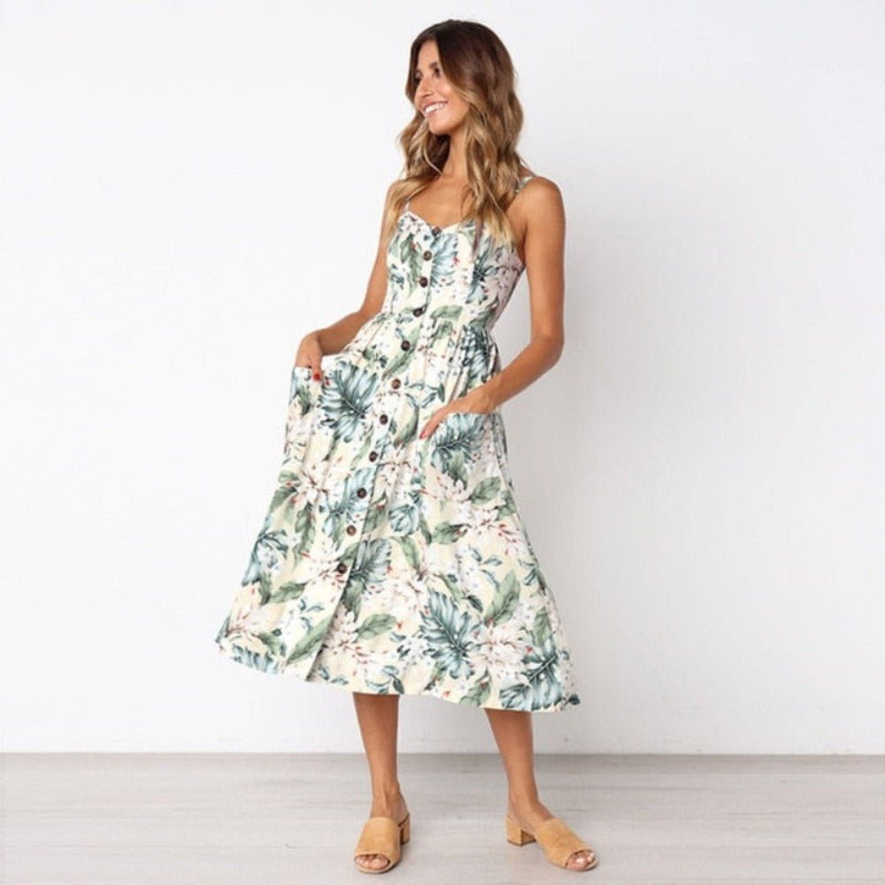 Print Floral Stripe Long Dress Sexy V - Neck - Necessary Clothing
