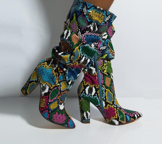 Colorful Snake Skin High Heel Thick Pointed Toe Zip Pleated Boots - Necessary Clothing Store