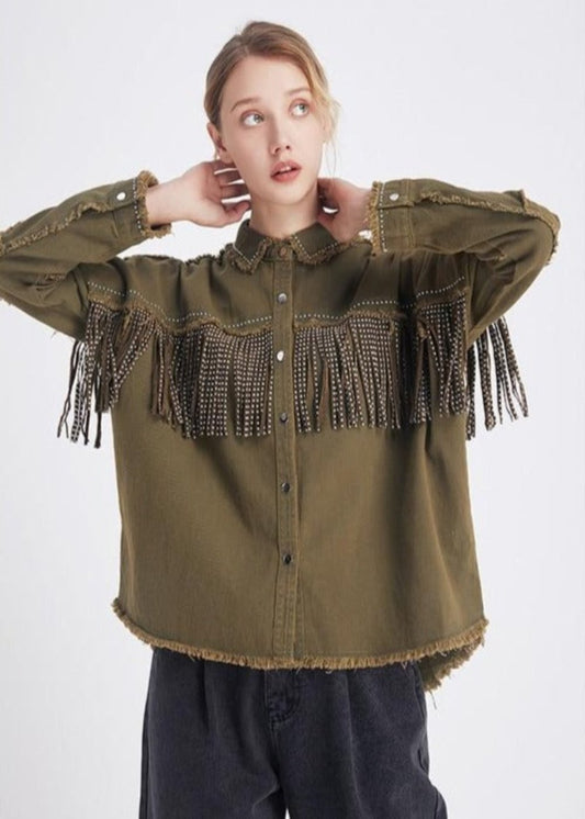 Stylish Fringe Beaded Loose Denim Jacket Long Sleeve Frayed Trim Outerwear - Necessary Clothing Store