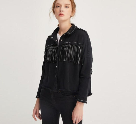 Fringe Beaded Jacket Long Sleeve Frayed Trim Outerwear - Necessary Clothing Store