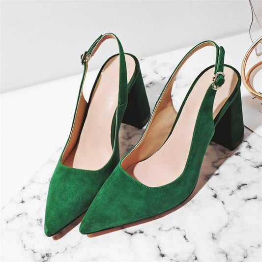Suede Square High Heel Slingbacks Leather Buckle Pointed Toe Pumps - Necessary Clothing Store