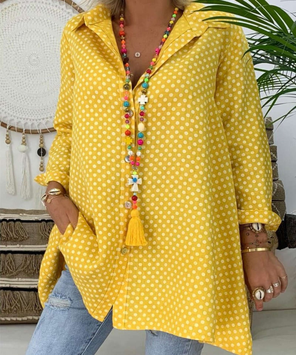 V Neck Polka Dot  Long Sleeve Loose Blouse - Necessary Clothing Store