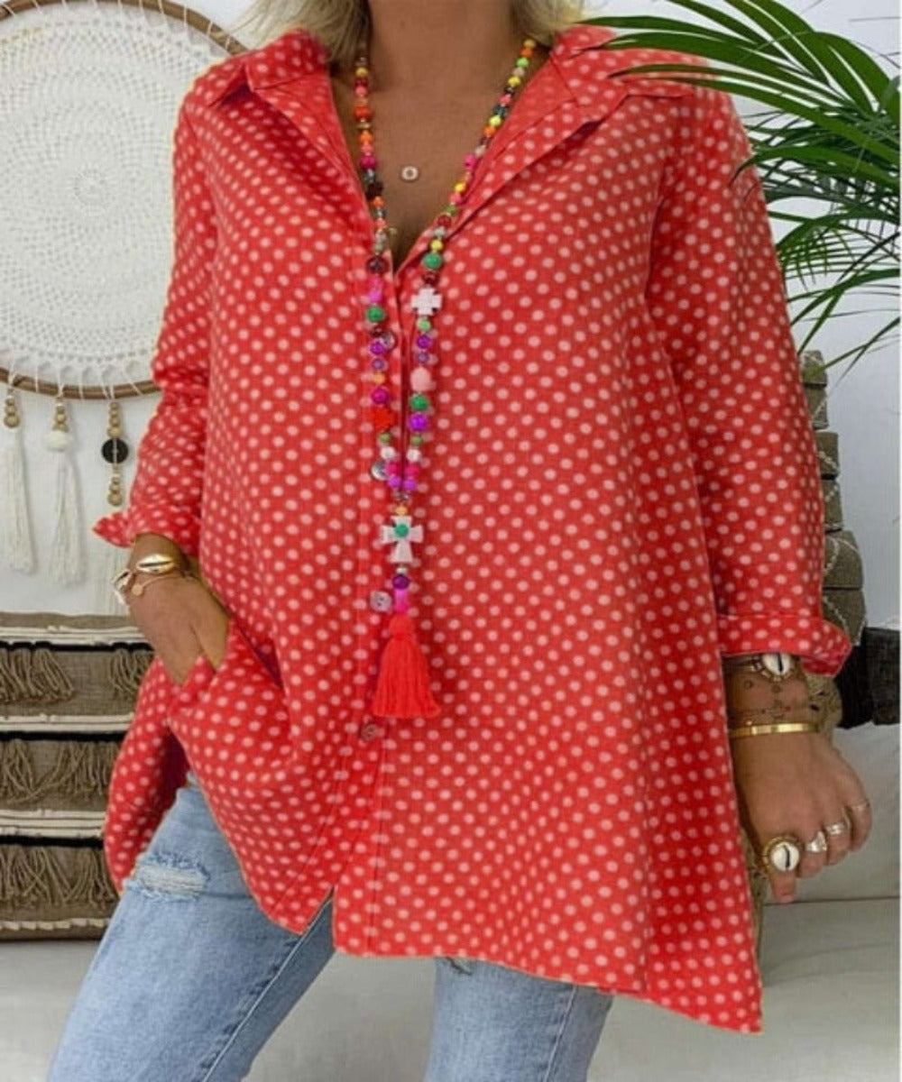 V Neck Polka Dot  Long Sleeve Loose Blouse - Necessary Clothing Store