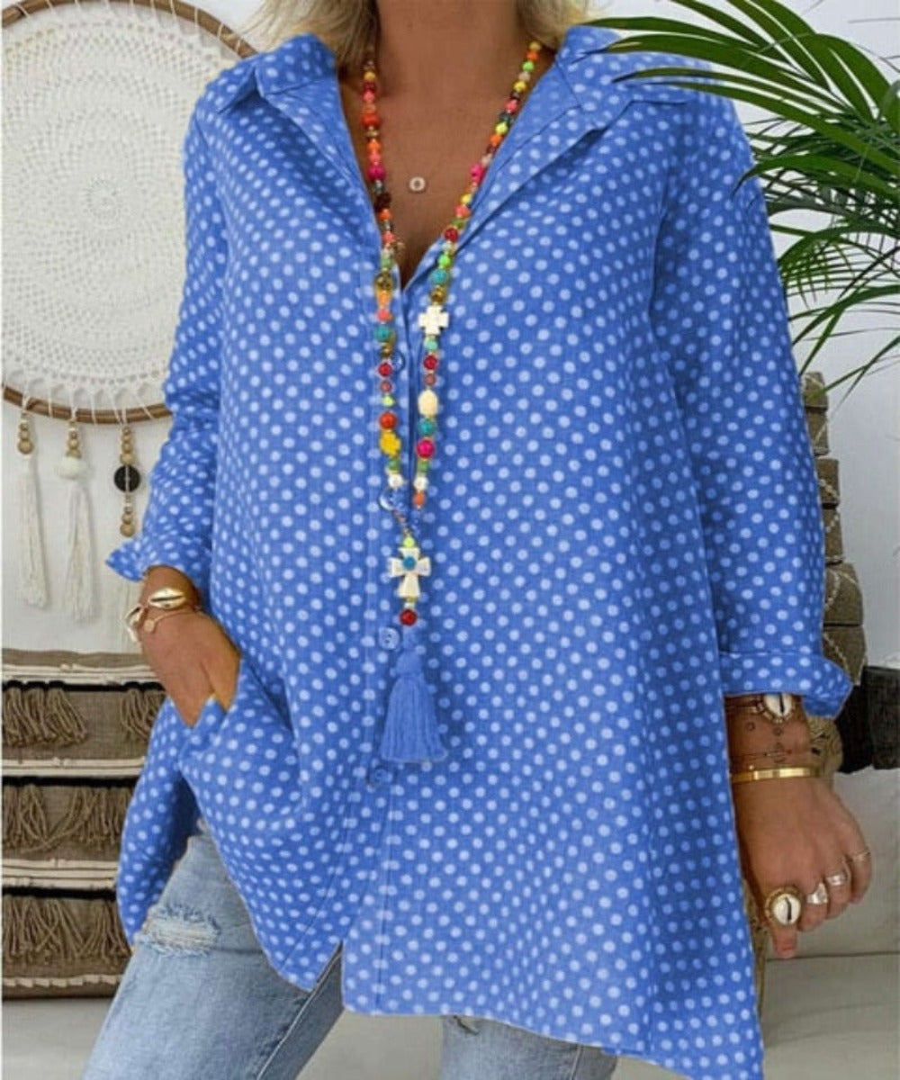 V Neck Polka Dot  Long Sleeve Loose Blouse - Necessary Clothing Store