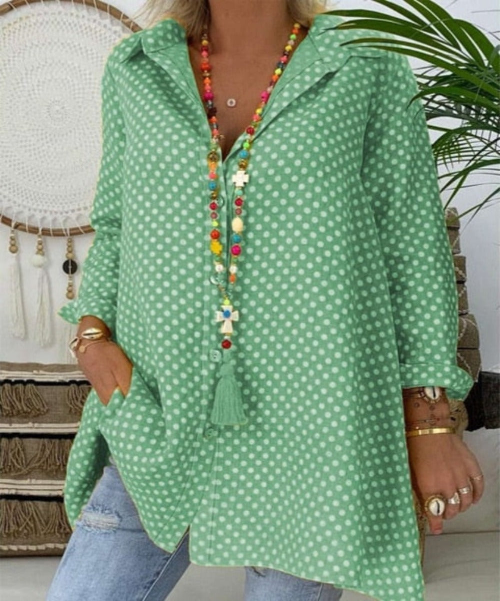 V Neck Polka Dot  Long Sleeve Loose Blouse - Necessary Clothing Store