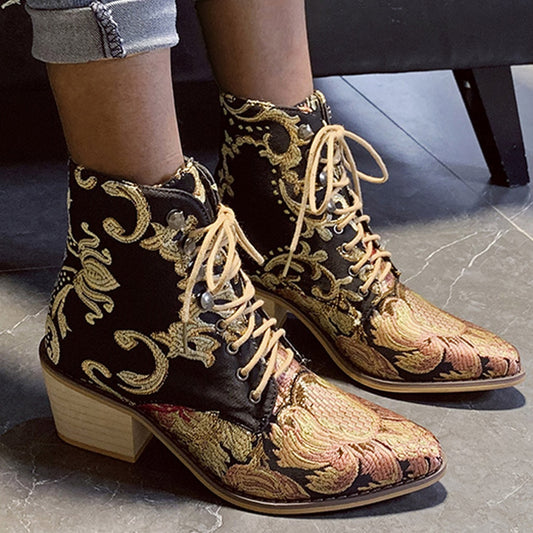Stylish Chelsea Embroider Lace Up Pointed Toe High Heel Warm Cowboy Ankle Boots - Necessary Clothing Store