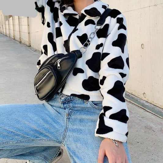 Cow Print Teddy Zipper Warm Coat - Necessary Clothing Store