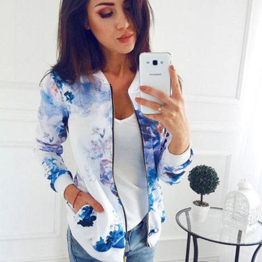 Pockets Zipper Long Sleeve Flower Chiffon Jacket - Necessary Clothing Store