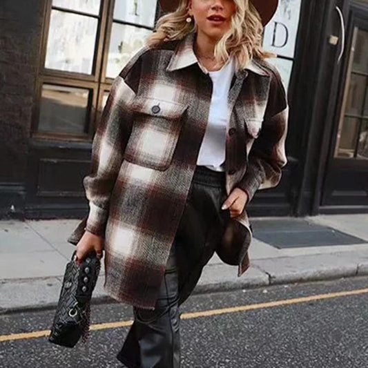 Long Sleeve Thick Plaid Street-Wear Elegant Jacket - Necessary Clothing Store