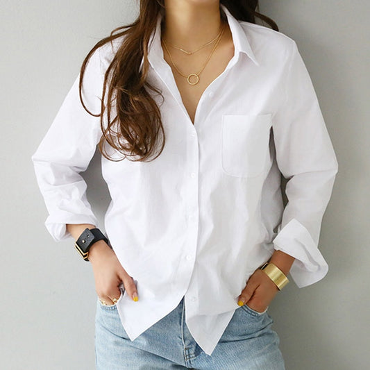 White  Blouse  Long Sleeve Casual Turn-down Collar - Necessary Clothing Store