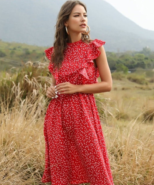 Dot Print Dress Casual Butterfly Sleeve Ruffles Medium Long Chiffon - Necessary Clothing Store