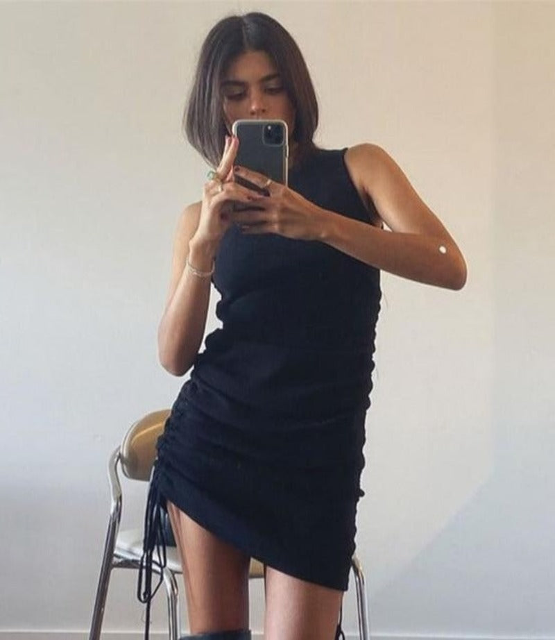 Cotton Ruched Drawstring Sleeveless Elastic Mini Dress Vintage - Necessary Clothing Store