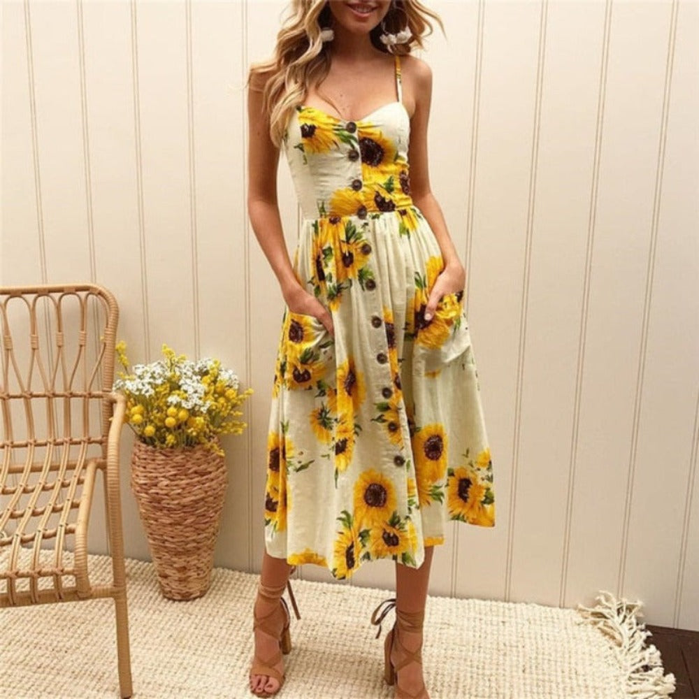 Print Floral Stripe Long Dress Sexy V-Neck - Necessary Clothing Store