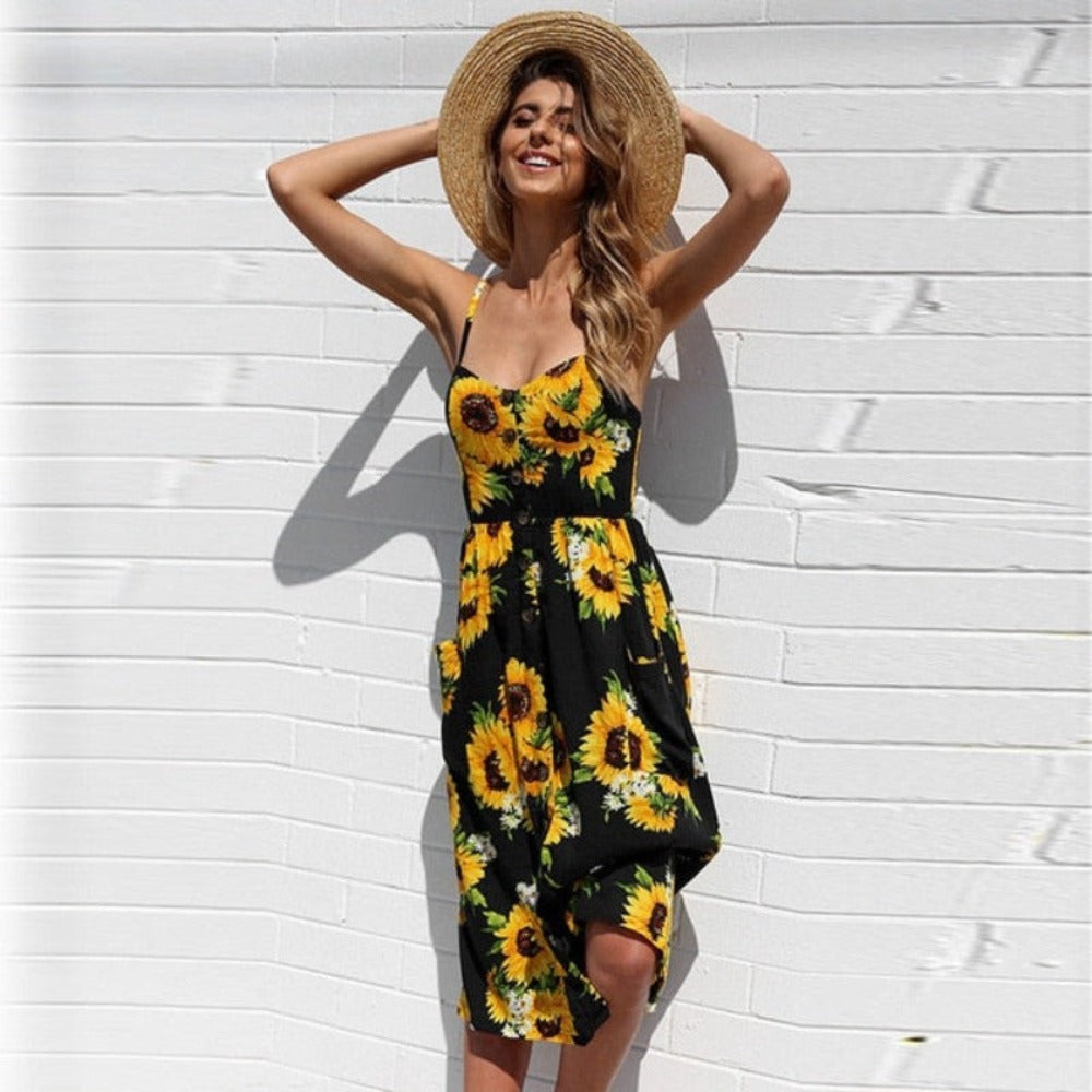Print Floral Stripe Long Dress Sexy V-Neck - Necessary Clothing Store