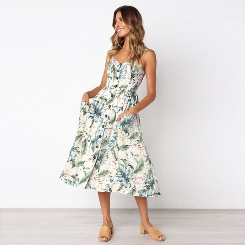 Print Floral Stripe Long Dress Sexy V-Neck - Necessary Clothing Store