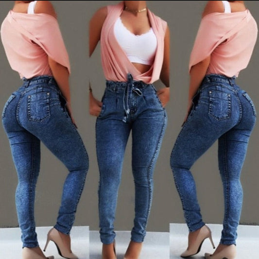 High Waist Slim Stretch Denim Tassel Belt Bandage Skinny Push Up Jeans - Necessary Clothing Store