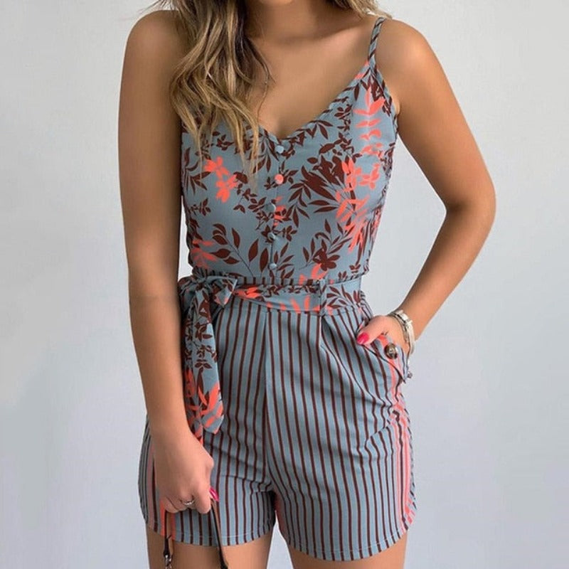 Print Slim V-Neck Sleeveless Romper - Necessary Clothing Store
