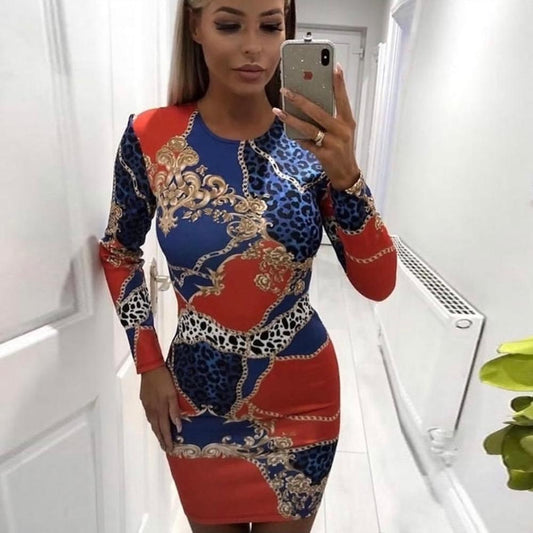 Slim Round Neck Long Sleeve Leopard Short Dress - Necessary Clothing Store