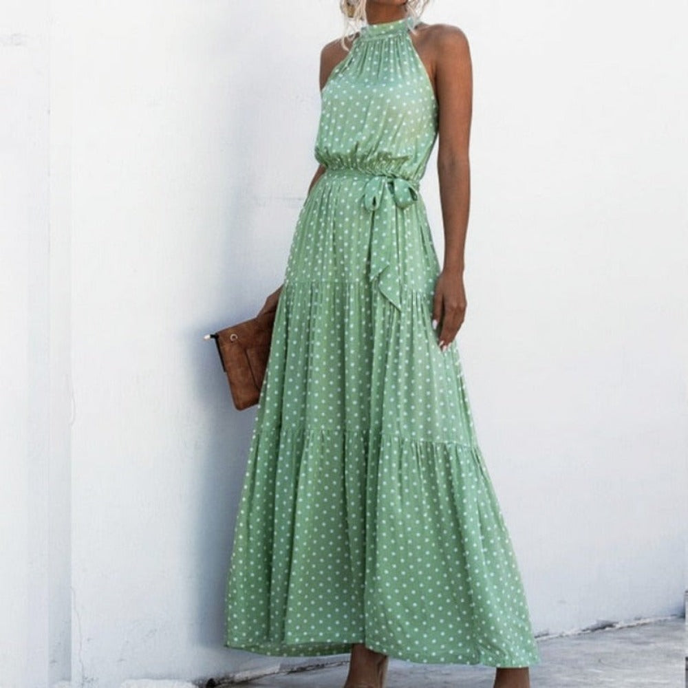Elegant Long Dress Flowers Polka-Dot Strap - Necessary Clothing Store