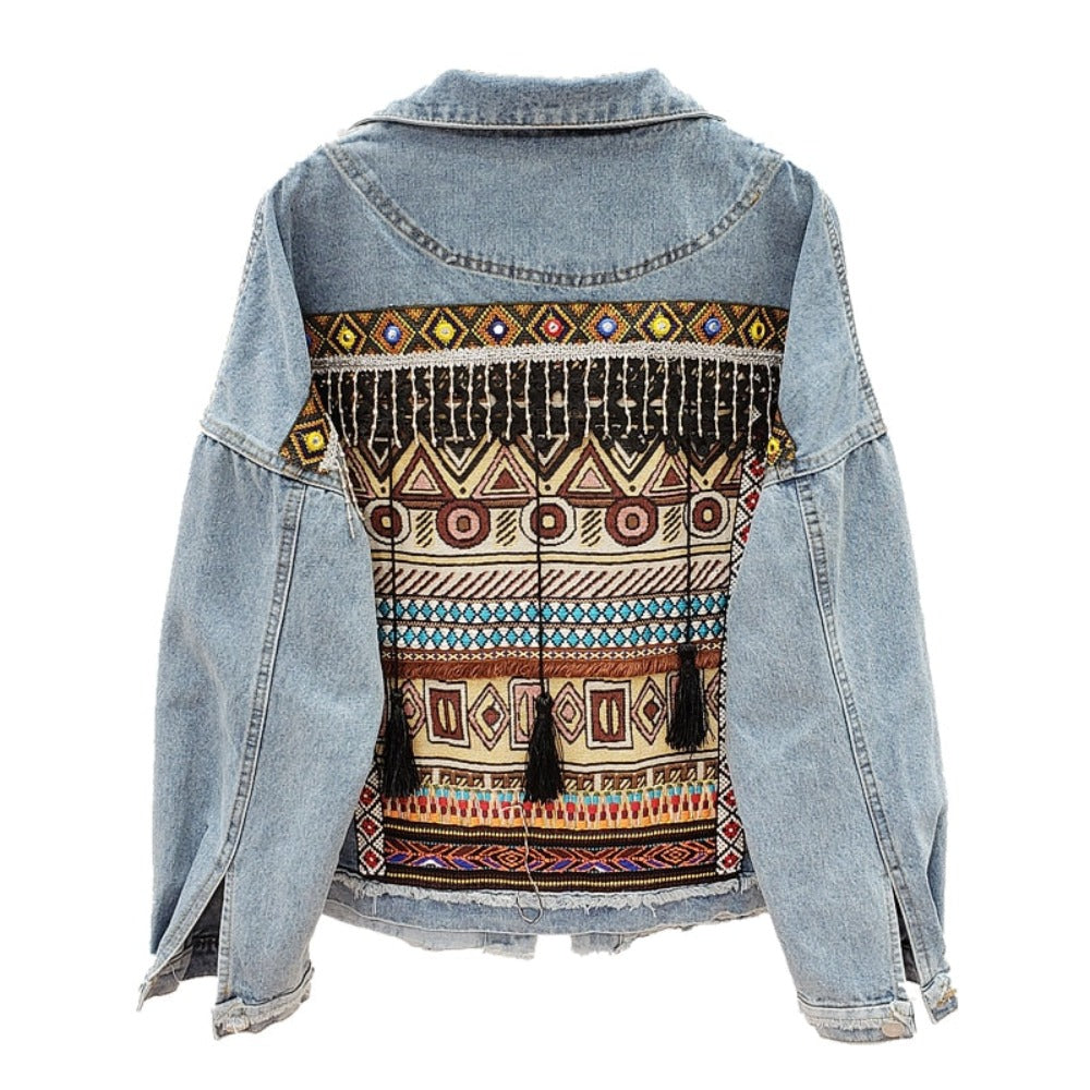 Vintage Jeans Jacket Coat Women Tassel Embroidery Flowers Denim Coat Loose Long Sleeve Short Bohemia Denim Jacket Outwear - Necessary Clothing Store